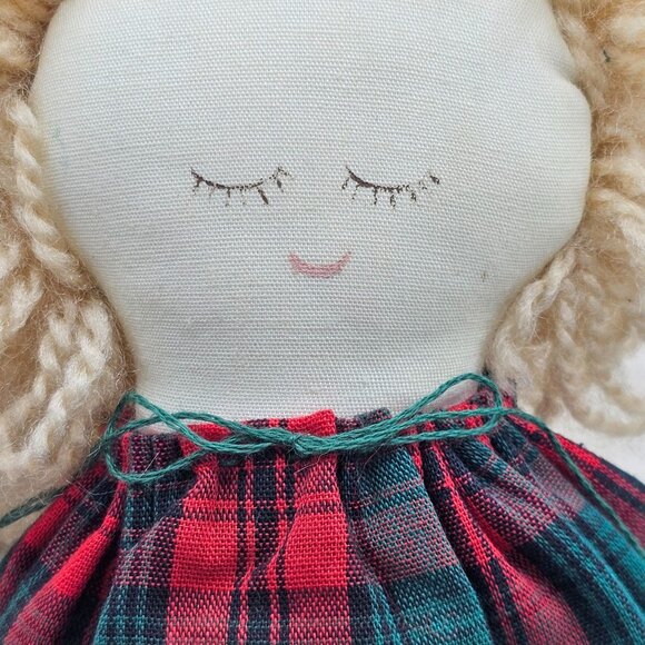 Vintage Handmade Angel Cloth Doll With Green Red Plaid Dress Lace Trim Christmas - Picture 5 of 9
